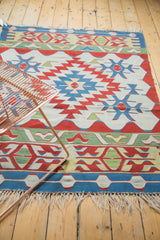 Fringed end of vintage Turkish Kilim rug, showing light loss and red, ivory, blue vine borders.