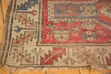 Avar style Caucasian rug corner, tattered fringe, serrated leaf border, dusty rose, beige.