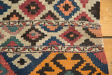 Hand-woven flatweave details of the Shahsavan kilim fragment, showing banded geometric crab motifs.