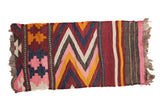 Vintage Kilim runner, vibrant striped and chevron pattern in burgundy, pink, orange, ivory.