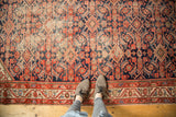 Vintage Malayer rug: Repeating Herati motif in madder red, navy, beige, with visible wear.
