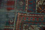 Antique Kazak rug detail: low pile texture, red, teal, ivory geometric motifs, secured selvage.
