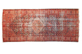 Antique Malayer Persian runner, triple diamond medallions, henna plant motif, red and indigo blue, aged wear.