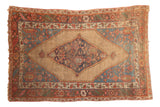 Antique Bijar rug with tribal diamond medallion on camel field, navy blue, red, sky blue, 4'1
