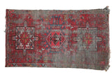 Persian Vintage Karaja rug, triple medallion, geometric flora, faded red, blue, 2'5