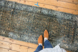 Distressed vintage Hamadan runner texture with worn Herati motif, Serbend border, and muted blues.
