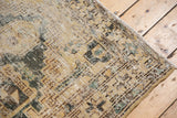 Vintage Distressed Hamadan rug with worn geometric patterns: sand, gold, dusty seafoam green.