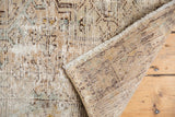 Hand-knotted distressed Hamadan rug foundation and worn pile revealing ivory, brown, and blue tones.