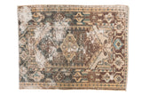 Distressed vintage Hamadan rug with worn geometric medallion in ivory, teal, and brown, 3'8