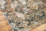 Textured close-up of a vintage Hamadan rug displaying distressed geometric patterns in ivory, teal, and brown.
