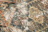 Distressed vintage Hamadan rug texture showing worn pile, visible foundation, with teal, brown, ivory.