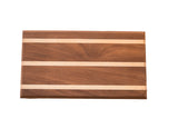 Large mahogany and maple serving board with three light wood stripes, 12.5 x 23 inches.