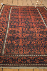 Geometric gul motif with soft wool texture in madder red, navy, and charcoal on an antique Belouch rug.