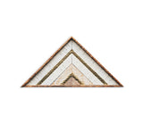 Triangular Shelby Dawn rustic wood art featuring white panels and hammered brass chevrons.