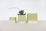 Small square sage green ceramic planter with white herringbone patterned base.