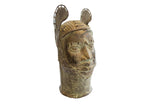 Vintage African Benin bronze head of a prince featuring a detailed headdress and textured collar.