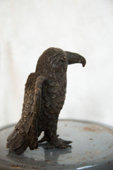 Textured copper body and hooked beak profile of the vintage African eagle sculpture.