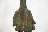 Vintage African rooster sculpture with intricate copper scale texture and green patina.