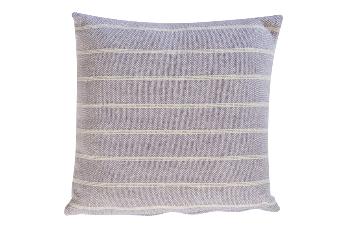 Hand-woven lavender striped pillow with subtle cream lines, 20x20 inches.