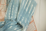 Batik Indigo African Textile, folded, showing white patterned lines and dark stitched seam.