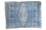 Vintage African indigo textile throw with hand-dyed blue and white geometric dash patterns, 4' x 5'2