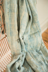 Textured denim blue Mossi Indigo African textile showing hand-stitched detail.