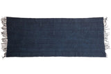 Vintage hand-woven Denim Mossi indigo African textile throw, rich blue, subtle texture, fringed ends.