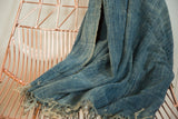 Detailed view of hand-woven Denim Mossi indigo textile's texture and subtle color shifts.