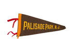 Vintage 1940s Palisade Park NJ felt flag, dark brown with yellow lettering and red ties, 5x10 inches.