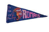 Vintage blue felt pennant with painted Indian headdress and pink ROMANS text.