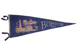 Blue 1950s Boston felt pennant with landmark graphics and 'Souvenir of Boston Mass'.
