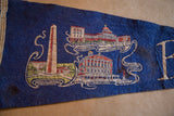 Blue felt Boston flag displaying State House, Faneuil Hall, and John Adams Statue.