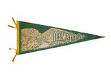Delaware Water Gap felt flag banner, dark green with illustrative river, hills, and yellow ties. 11.5x29.