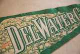 Green lettering and tree-covered hill graphics on creased vintage Delaware Water Gap felt flag.