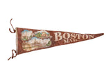 Vintage Boston Mass. brown felt pennant with historic landmark illustrations.