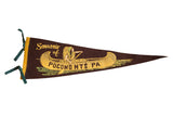 1940s Pocono Mountains PA felt pennant with Native American in yellow canoe illustration.