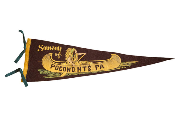 1940S Fantastic Pocono Mountains PA Felt Flag Native American In Canoe Felt Flag Banner Pennant