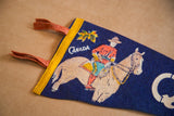 Vintage Quebec felt flag with orange ties, yellow trim, and Canada text.