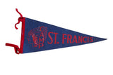 Vintage Camp St. Francis felt pennant, red Native American profile and text on blue, 7x17 inches.