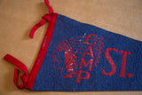Textured blue felt and red Camp St. Francis graphic on vintage pennant with worn trim.