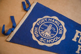 Blue felt ties and beige border on the top corner of the vintage school flag.