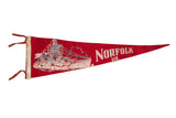 Vintage red felt pennant with white and pale blue USS Wisconsin battleship and Norfolk VA text.