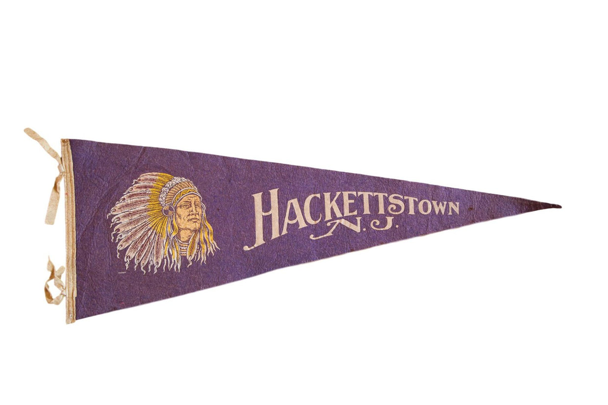 Purple felt pennant: Hackettstown NJ, detailed Native American headdress portrait.