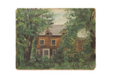 Vintage 1930s painting of a brown house framed by dense green trees.