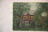 Vintage painting of brown house in green trees, textured finish, chipped corner, illegible signature.