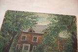 Vintage painting showing upper right corner with green trees, brown house, and textured board.