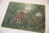 Bottom right corner of the vintage house painting, highlighting chipped edges and green foliage.