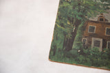 Chipped bottom right edge of vintage 1930s painting with brown house and green trees.