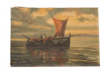 Antique oil on canvas oceanscape painting of fishermen in a boat with an orange sail.