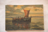 Antique oceanscape oil painting: visible artist signature in lower right corner, above subtle water reflections.